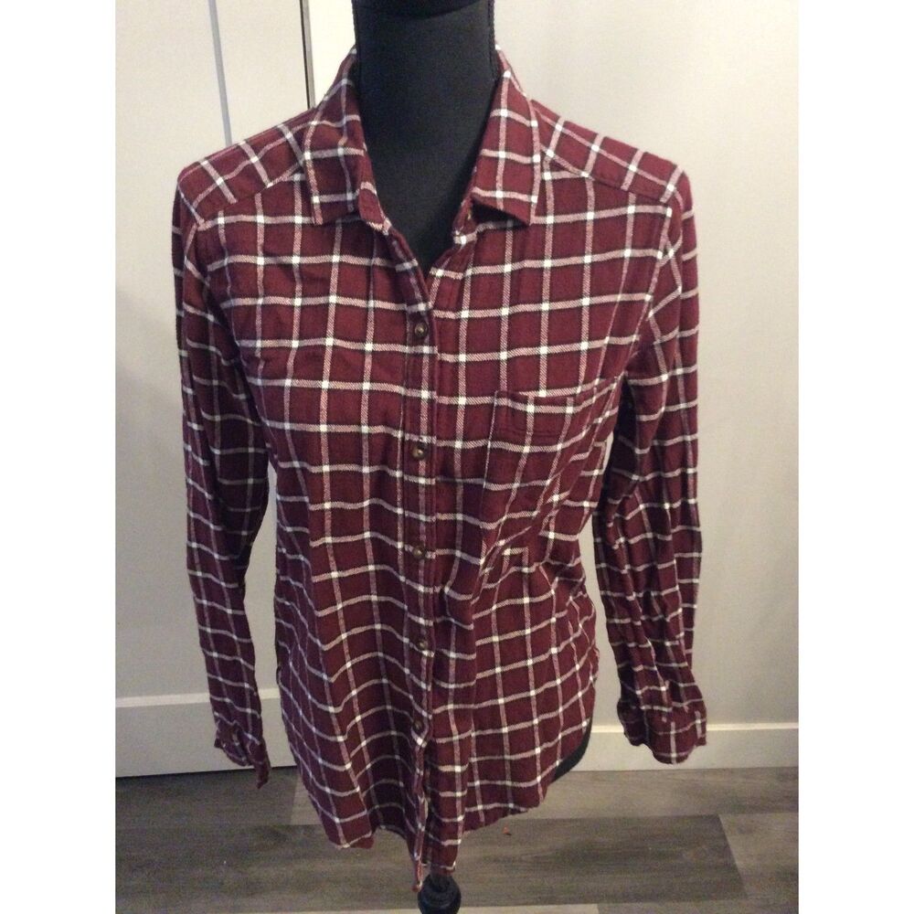 Hollister Medium M Checked Flannel Long Sleeve Button Up Shirt Burgandy Cotton
